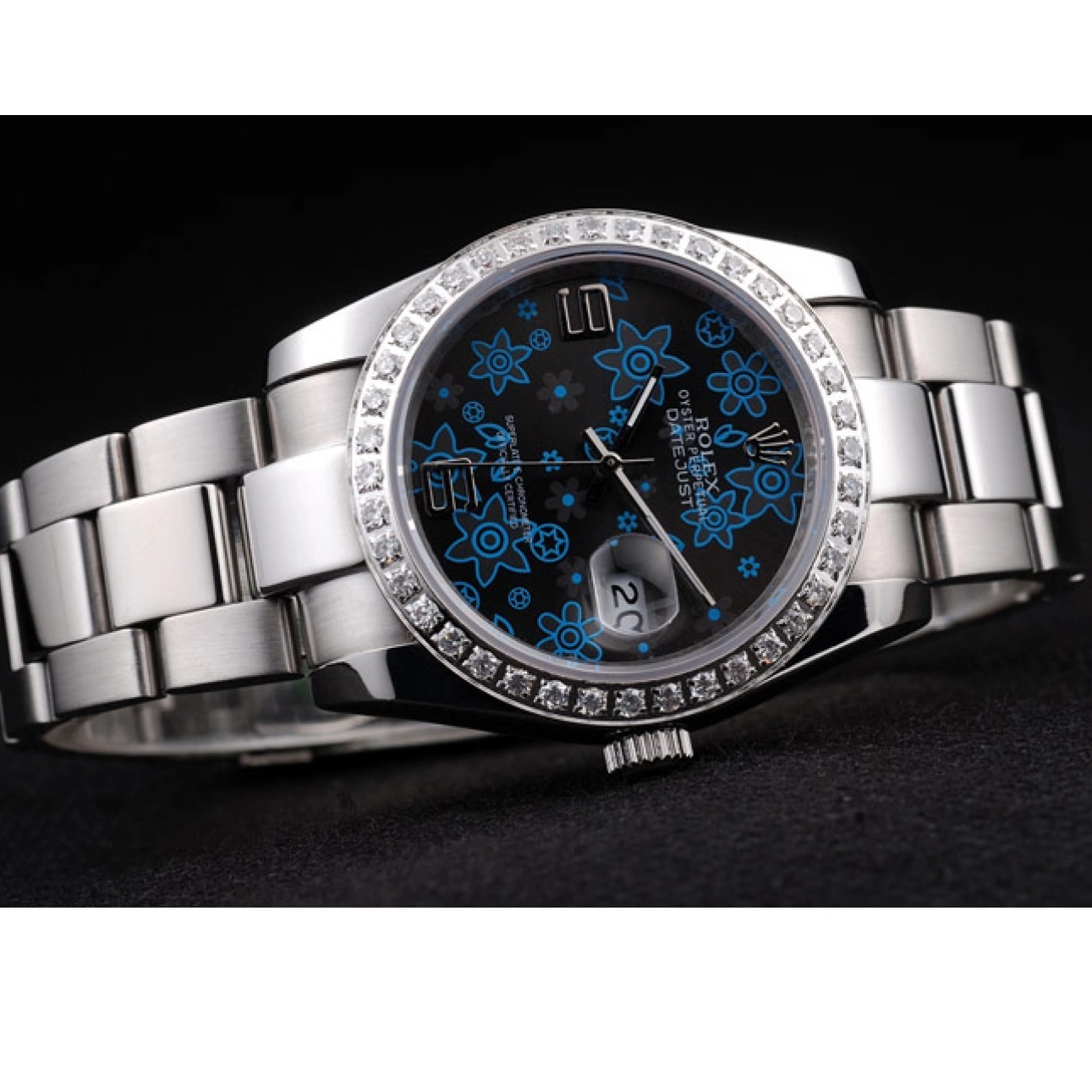 Aaa replica watch Datejust Plated Dark Diamond Rolex Polished Dial Flowers Stainless Blue Steel 0714